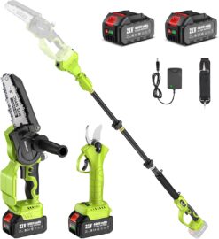 Kit Élagage 4-en-1 Sans Fil Supstable | Tronçonneuse 6" & Sécateur Électrique & Perche Télescopique