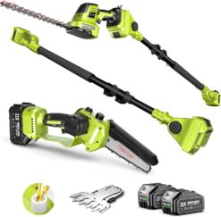 Kit Jardin 6-en-1 Supstable Sans Fil | Tronçonneuse Élagueuse Taille-Haie sur Perche 4,57m | 2×4000mAh